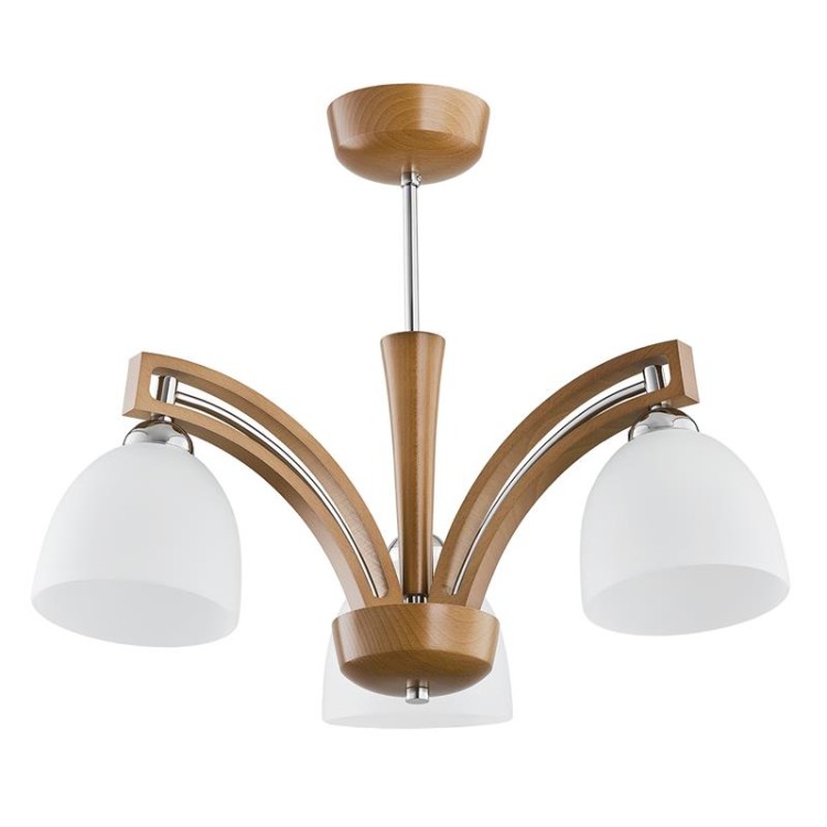 Klasyczna lampa MAGNAT 21383 marki Alfa w kolorze jasnego brązu z białymi szklanymi kloszami. Trzy punkty świetlne E27 zapewniają równomierne oświetlenie. Idealna do wnętrz klasycznych i nowoczesnych