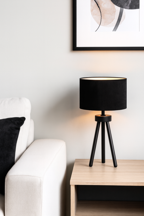 Lampka stołowa LYON czarna Duolla 602303 to elegancka lampka nocna z czarnym abażurem zamszowym i drewnianą podstawą typu trójnóg. Idealna do sypialni, salonu i biura. Wysokość 30 cm, E27 max 10W.