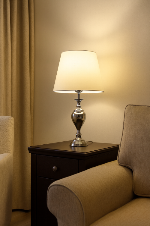 Lampa gabinetowa ETIEN Italux TB-7730-1 to elegancka lampa stołowa z chromowaną podstawą i białym abażurem. Idealna do salonu, gabinetu lub sypialni. Wysokość 52,5 cm, średnica 30 cm, E27 60W.