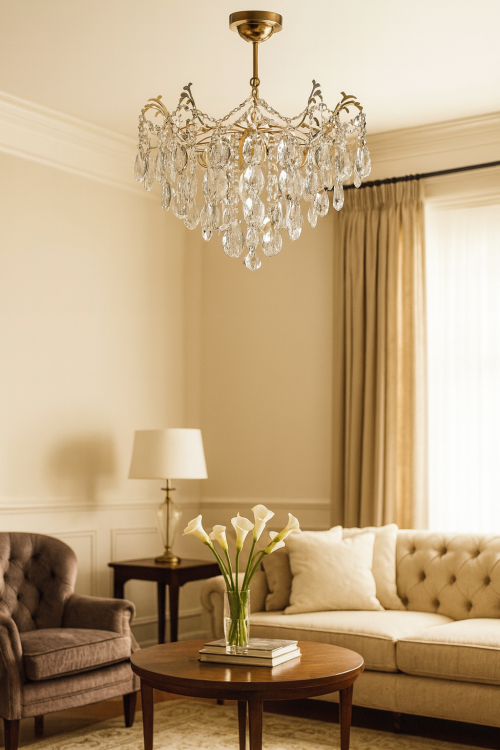 Żyrandol kryształowy RODOS złoty 6x60W Venti to elegancka lampa sufitowa z przezroczystymi kryształami. Średnica 55 cm, wysokość 60 cm. Idealna do salonu i jadalni. Złota oprawa i 6 źródeł światła tworzą luksusowy efekt.