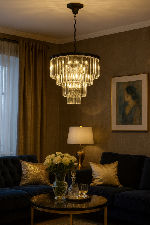 Lampa sufitowa OLIVIA glamour to elegancki żyrandol z kryształkami, który tworzy efektowne i luksusowe oświetlenie wnętrza. Idealnie pasuje do salonu, jadalni lub sypialni, dodając przestrzeni szyku i blasku.
