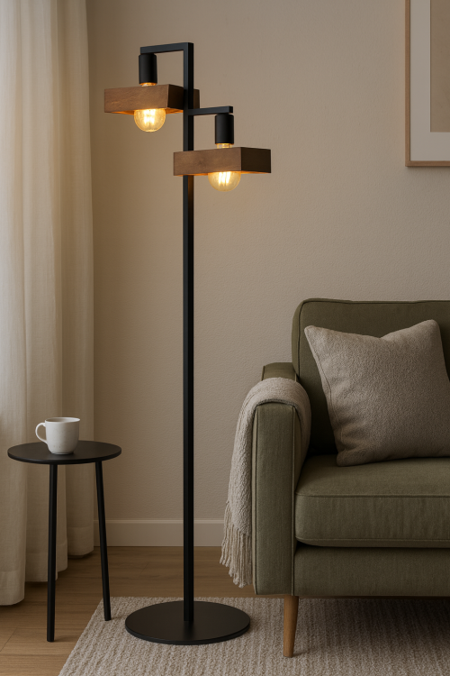 ROBIN 50273 — lampa podłogowa 2xE27 w kolorze czarnym z drewnem. Smukła, stabilna, wys. 160 cm. Idealna do salonu, sypialni i gabinetu. Pasuje do wnętrz loft, japandi i minimalistycznych.