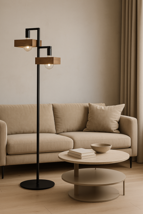 Lampa podłogowa ROBIN 2xE27 czarna z drewnem Sigma 50273 to stylowe oświetlenie do salonu, sypialni i biura. Wysokość 160 cm, stal i sklejka, nowoczesny design. Idealna do czytania i aranżacji w stylu loft, scandi i modern