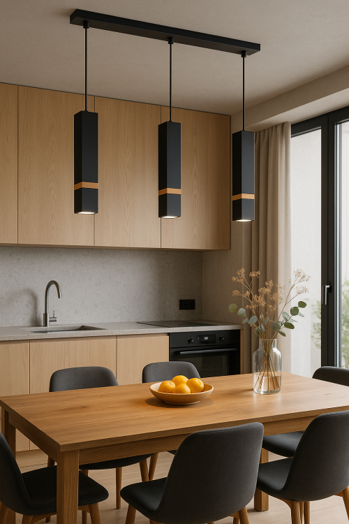 Nowoczesna lampa wisząca VIDAR BLACK 3xGU10 Milagro łączy metal i drewno, tworząc minimalistyczne, eleganckie oświetlenie. Idealna do wyspy kuchennej, stołu w jadalni i salonu. Trzy kierunkowe punkty światła i regulowana wysokość