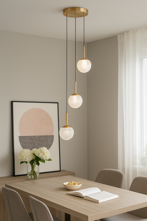 Lampa sufitowa PADRI 3xG9 to elegancka propozycja w złotym wykończeniu z dekoracyjnymi, przezroczystymi kloszami. Idealna do salonu, jadalni i sypialni. Delikatnie rozprasza światło, tworząc luksusowy klimat w nowoczesnych i glamour wnętrzach.