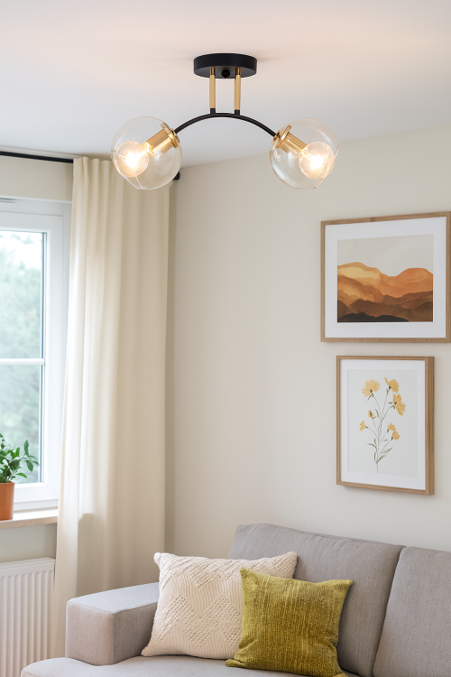 Lampa sufitowa ELBA 2xE27 czarna złota to elegancki plafon z dwoma przezroczystymi kloszami ze szkła. Idealna do salonu, jadalni i sypialni w stylu loft lub glamour