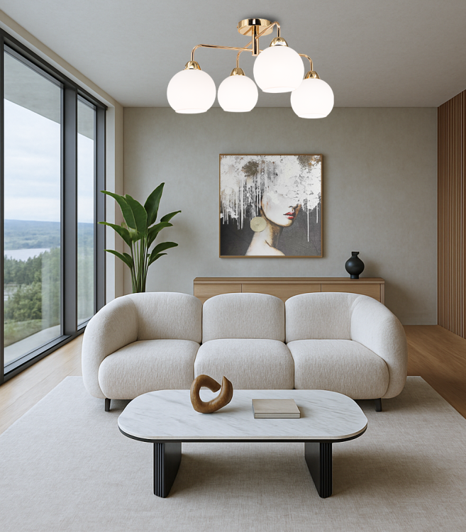 Lampa sufitowa ASPEN w złotym wykończeniu z czterema białymi kulami to ponadczasowy model idealny do różnych aranżacji. Wykonana z metalu i szkła oferuje trwałość i wyjątkowy styl, pasując do wnętrz modern i glamour.