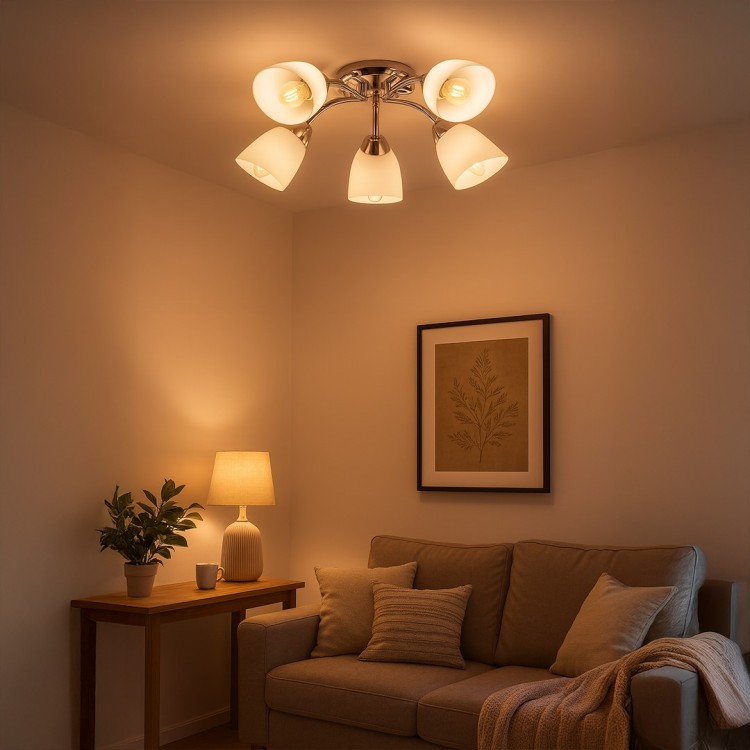 PORTOS 5xE14 chrom to nowoczesna lampa z białymi kloszami, która świetnie sprawdzi się w salonie lub sypialni. Kompaktowa wysokość i szerokie, przyjemne światło.