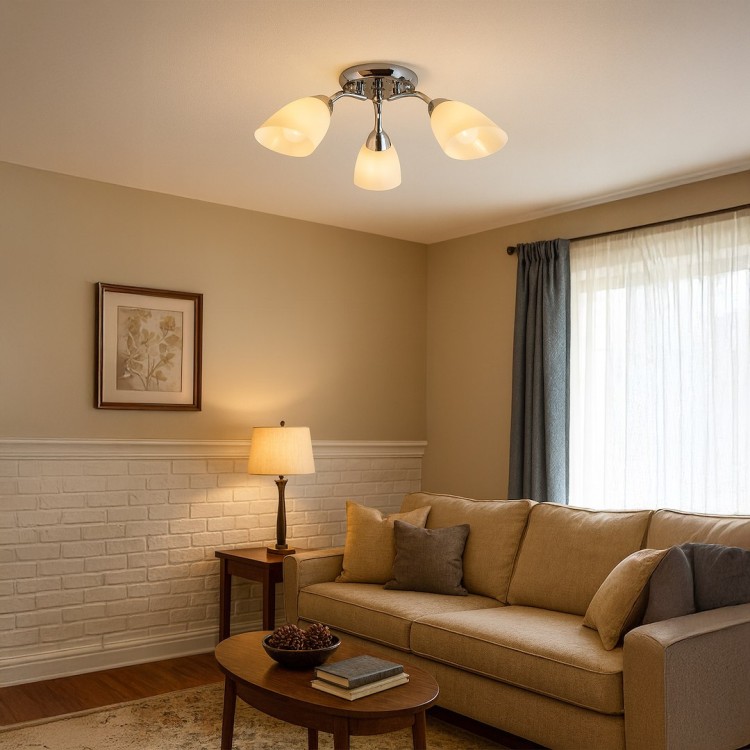 Stylowa lampa PORTOS 3xE14 chrom doskonale dopełni każde wnętrze. Białe, szklane klosze dają miękkie, przyjemne światło. Idealna do przestrzeni modern i classic.