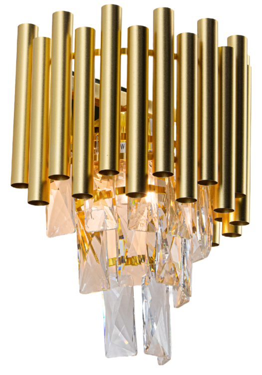 Złoty kinkiet BARI 6230/1 TR to luksusowe połączenie metalu i kryształów. Efektowny blask i ponadczasowy styl tworzą wyjątkową dekorację do wnętrz glamour i modern classic