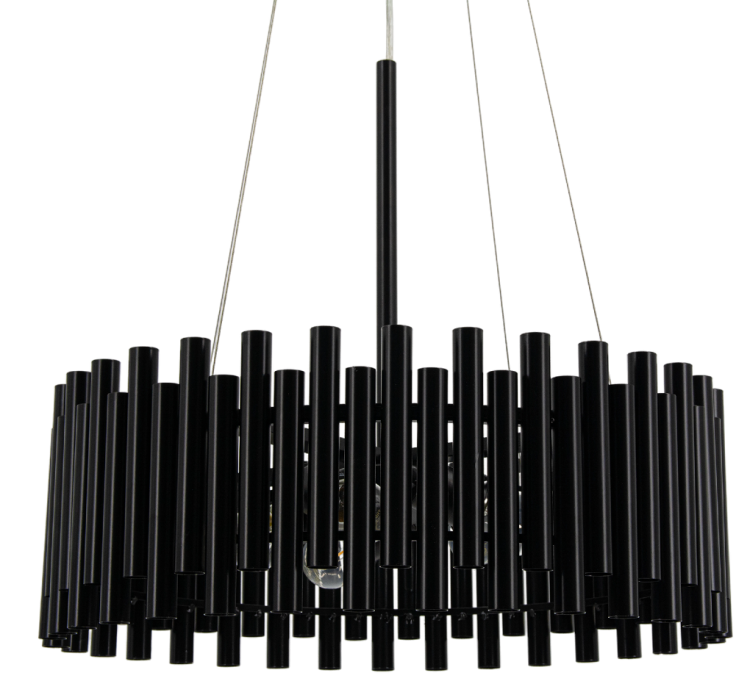 Lampa wisząca NARNI czarna 5xE14 wyróżnia się designerskim kloszem z pionowych tub, które tworzą efektowne światło w pomieszczeniu. Idealna nad stół lub wyspę kuchenną, pasuje do nowoczesnych, loftowych i premium aranżacji.