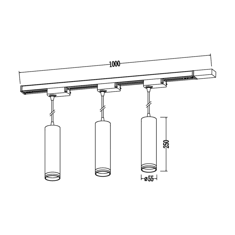 Zestaw 3 tub wiszących w kolorze białym na szynoprzewodzie 1 fazowym