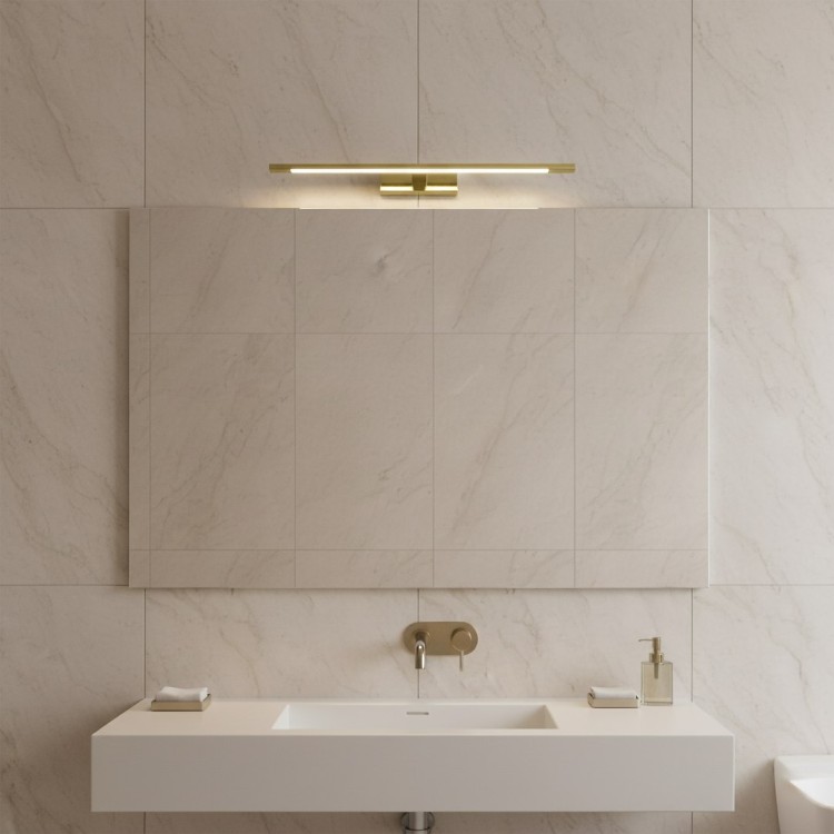 KLIMT 60 cm to nowoczesny kinkiet łazienkowy IP44 w złotym kolorze, idealny nad lustro. Oferuje regulację światła 3000–6000K, moc 12W LED i 1320 lm. Doskonały do codziennych czynności i stylowych wnętrz.