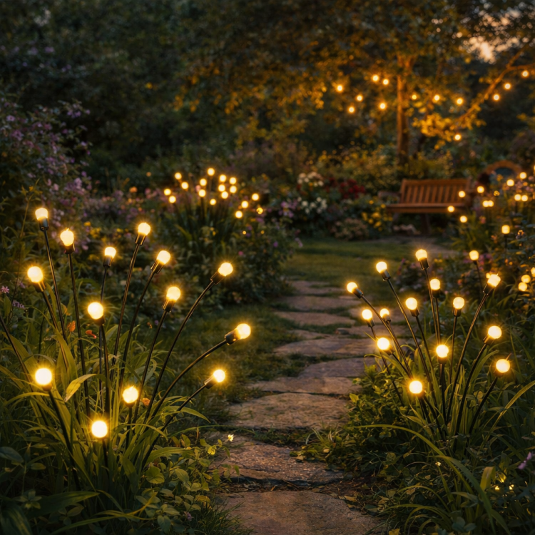 Lampa solarna LED z elastycznymi ramionami tworzy efekt świetlistych pąków w ogrodzie. Ciepła barwa 3000K, czujnik zmierzchu, 8 LED i IP44 sprawiają, że to idealna dekoracja do rabat, ścieżek i traw ozdobnych.