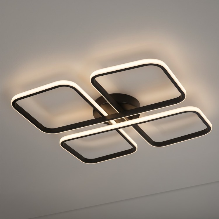 Nowoczesny plafon LED 48,5 × 48,5 cm w czarnym kolorze to idealne oświetlenie do salonu i sypialni. Designerska forma, moc 40W i neutralna barwa 4000K zapewniają jasne, komfortowe światło. Doskonały wybór do wnętrz modern, loft i scandi.