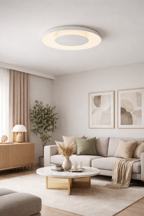 Lampa wisząca PIATTINO ML1810 w kolorze białym łączy nowoczesny design z funkcjonalnością. Zintegrowany LED 30W i regulacja barwy światła 3000K/4000K/6000K pozwalają tworzyć idealny nastrój w salonie, jadalni lub sypialni