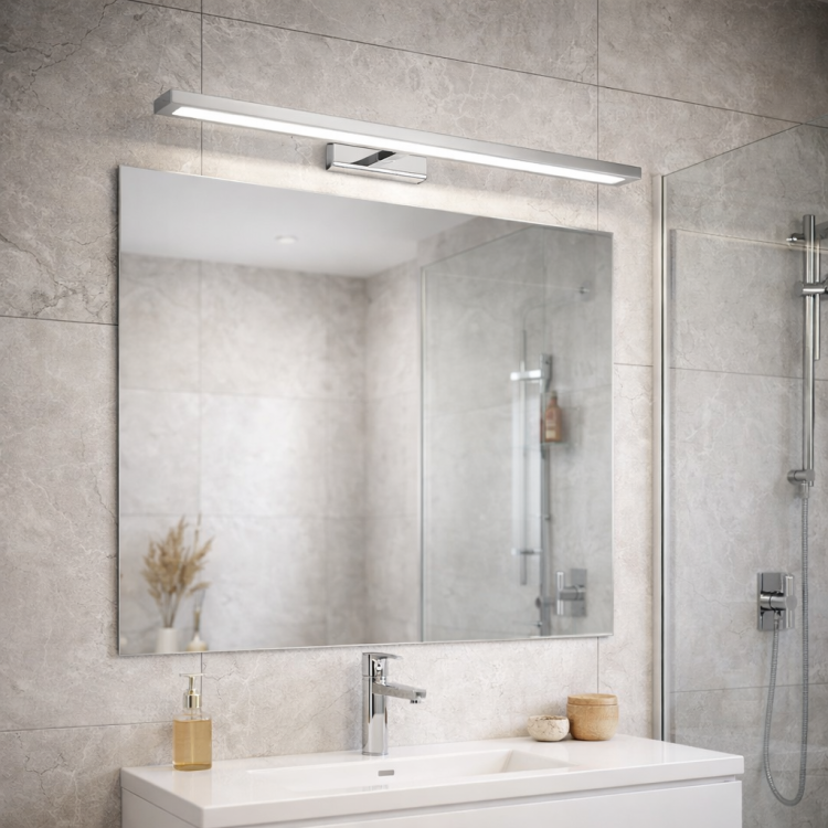 Nowoczesny kinkiet KLIMT 60 cm w srebrnym kolorze to idealne oświetlenie nad lustro. Zmiana barwy światła 3000–6000K, moc 12W LED i IP44 sprawiają, że świetnie sprawdza się w łazience, korytarzu i nowoczesnych wnętrzach.