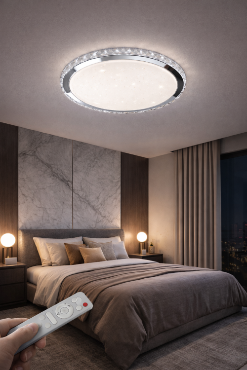 Plafon LAYLA 33W LED to elegancka lampa sufitowa z efektem rozgwieżdżonego nieba. Regulacja barwy światła 3000–6000K i ściemnianie pilotem. Idealny do sypialni, salonu i pokoju dziecięcego. Średnica 40 cm, energooszczędny moduł LED.