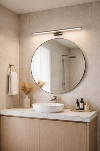 Kinkiet PRADO chrom LED 60 cm to nowoczesne oświetlenie nad lustro i obrazy. Zintegrowane LED 11W emituje ciepłe światło 3000K, tworząc przyjemną atmosferę w łazience, salonie lub sypialni.