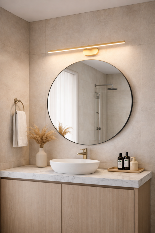 Kinkiet PRADO złoty LED 60 cm to eleganckie oświetlenie nad lustro i obrazy. Zintegrowane LED 11W emituje ciepłe światło 3000K, tworząc przytulną atmosferę w łazience, salonie lub sypialni.