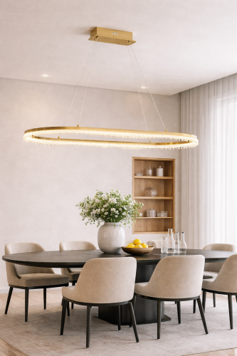 Lampa wisząca PRECIOSA ML1868 LED 45W w kolorze Brushed Gold to nowoczesna lampa ring nad stół. Elegancka forma pierścienia, neutralna barwa 4000K i regulowana wysokość sprawiają, że idealnie pasuje do jadalni i salonu