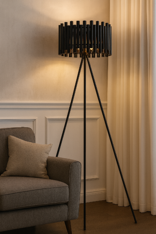 Lampa stojąca NARNI 4xE27 czarna to stylowe oświetlenie podłogowe do salonu i sypialni. Wysokość 156 cm, metalowy klosz i tripod tworzą elegancki i nowoczesny efekt świetlny.