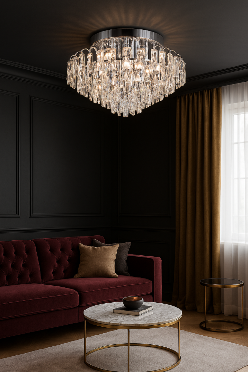 Plafoniera MONACO 6xE27 chrom to elegancka lampa glamour z transparentnymi kryształami, które tworzą spektakularne refleksy. Idealna do salonu, jadalni i wnętrz premium.