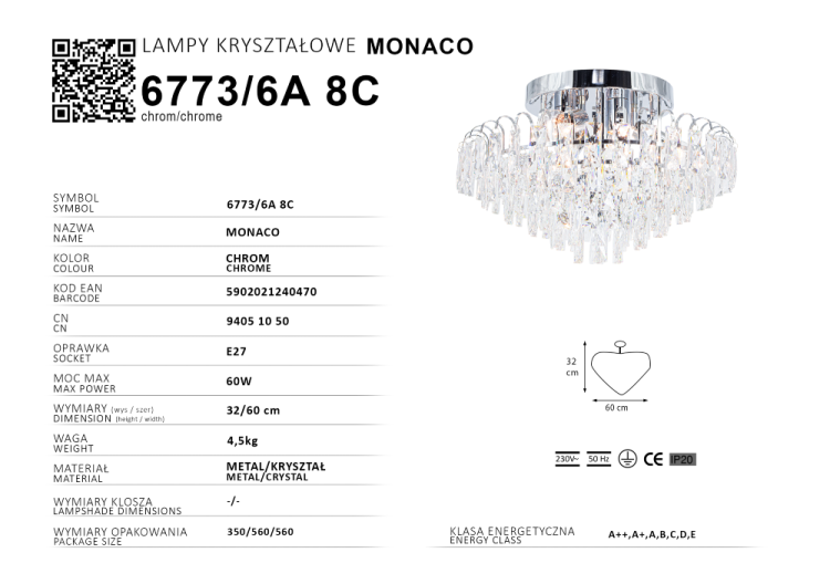 Lampa sufitowa MONACO w chromie z sześcioma źródłami E27 zapewnia mocne, efektowne światło. Idealna do wnętrz glamour i przestrzeni reprezentacyjnych.