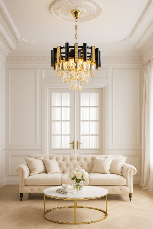 Żyrandol kryształowy BELIZE 4xE27 to elegancka lampa glamour ze złoto-czarną konstrukcją i efektownymi kryształami. Idealna do salonu, jadalni i sypialni.