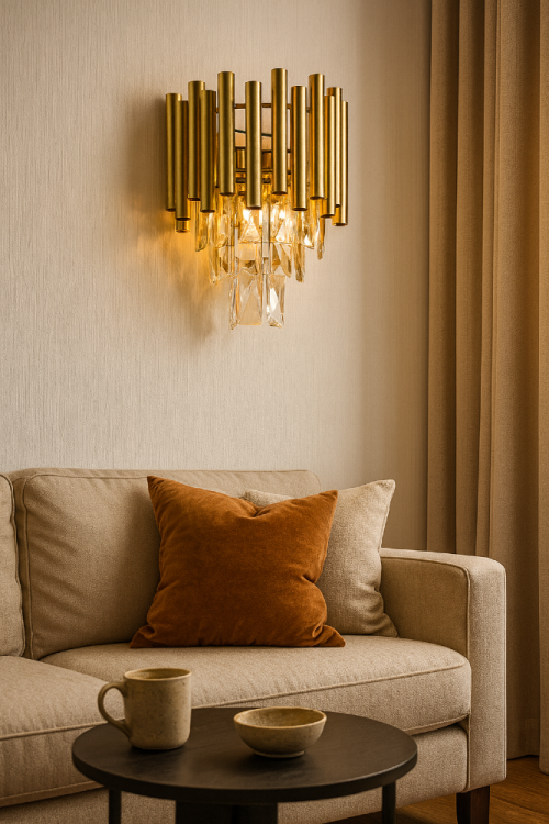 Kinkiet kryształowy BARI 1xE27 w złotym kolorze to eleganckie oświetlenie glamour, które pięknie rozprasza światło dzięki transparentnym kryształom. Idealny do salonu, sypialni i przedpokoju.