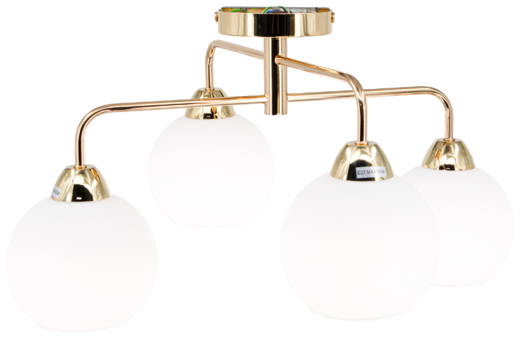 Złota lampa ASPEN 2213/4 TR z czterema źródłami E27 i białymi kloszami świetnie dopełni wnętrza w stylu nowoczesnym i klasycznym. Szerokość 57 cm i wysokość 30 cm sprawiają, że pasuje zarówno do mniejszych, jak i średnich pomieszczeń.