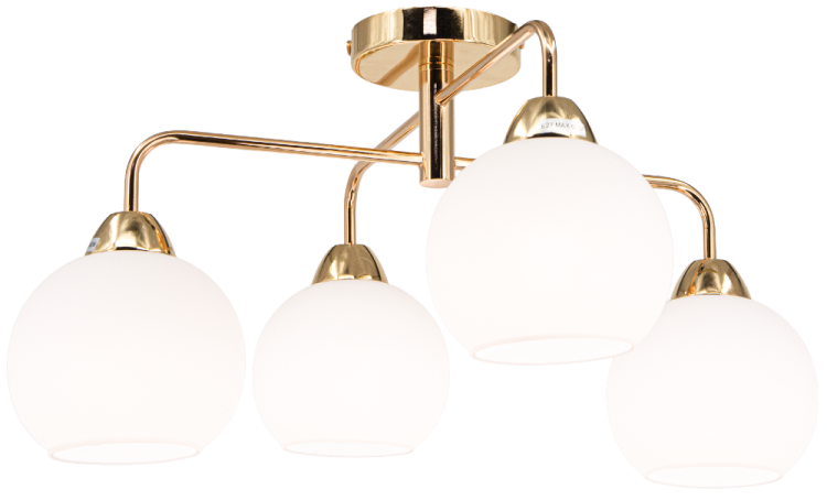 Złota lampa sufitowa ASPEN z białymi kloszami to stylowy dodatek do nowoczesnych i klasycznych wnętrz. Wysokiej jakości metal i szkło gwarantują trwałość, a 4 źródła E27 zapewniają komfortowe oświetlenie.