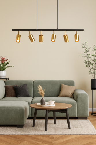 Lampa sufitowa LIBERTY 6xE27 złota na czarnej listwie to eleganckie i nowoczesne oświetlenie idealne nad stół, wyspę lub do salonu. Złote tuby dodają wnętrzu luksusu, a regulowana wysokość pozwala dopasować lampę do każdego pomieszczenia.