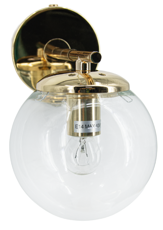 Kinkiet ERICE 1xE14 8491/1 TR to elegancka złota oprawa ścienna z transparentnym kloszem w kształcie kuli. Idealny do salonu, sypialni i korytarza. Połączenie metalu i szkła nadaje wnętrzu lekkości i nowoczesnej elegancji.