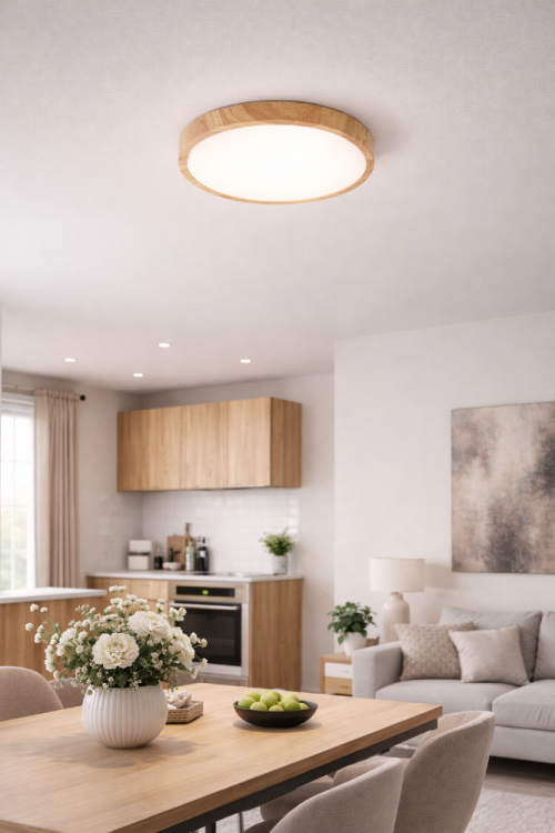 Plafon ALATA 24W LED 30 cm to nowoczesna oprawa z naturalnego drewna, idealna do łazienki i kuchni dzięki IP44. Zmiana barwy światła 2800K–6000K i wysoki strumień 3800 lm zapewniają komfortowe, jasne i stylowe oświetlenie każdego wnętrza.