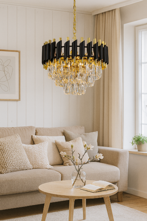 Żyrandol kryształowy TOLEDO 6xE27 czarny złoty to elegancka lampa glamour. Połączenie czerni, złota i przezroczystych kryształów tworzy wyjątkowy efekt świetlny, który doda wnętrzu blasku i stylu.