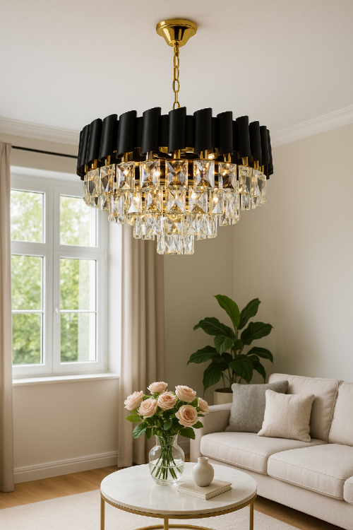 Lampa TOLEDO 6xE27 w czarnym i złotym kolorze to luksusowy żyrandol z kryształami, idealny do salonu i jadalni. Nowoczesny design i eleganckie wykończenie podkreślą charakter wnętrza.