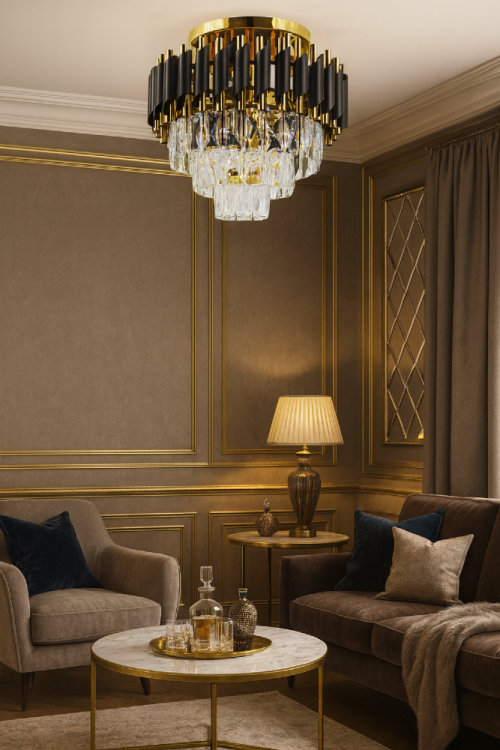 Żyrandol kryształowy TOLEDO 4xE27 w kolorze czarnym i złotym to eleganckie oświetlenie w stylu glamour. Idealny do salonu, jadalni i sypialni. Zachwyca luksusowym blaskiem i efektownym wykończeniem