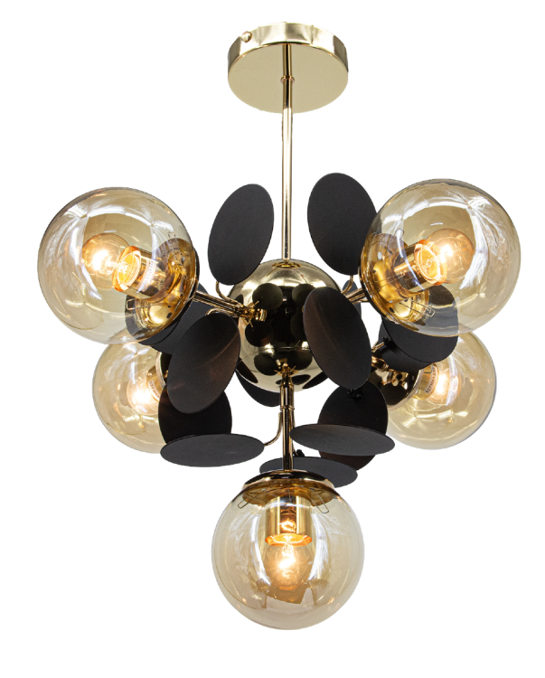 Stylowa lampa SCARLET 8075/5 TR BL w kolorze złotym i czarnym zachwyca pięcioma kulistymi kloszami. Doskonały wybór do wnętrz glamour, modern i klasycznych aranżacji.