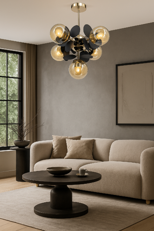 Lampa sufitowa SCARLET 5xE27 złota czarna to połączenie nowoczesnego stylu i luksusowego designu. Pięć szklanych kul i złote detale tworzą eleganckie oświetlenie idealne do salonu lub jadalni.