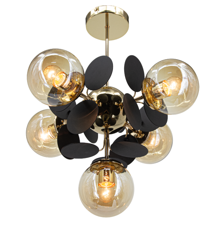 SCARLET 5xE27 złota czarna to efektowna lampa sufitowa z pięcioma kulami, łącząca metal, szkło i nowoczesny styl. Idealna do salonu, sypialni lub eleganckiego przedpokoju.