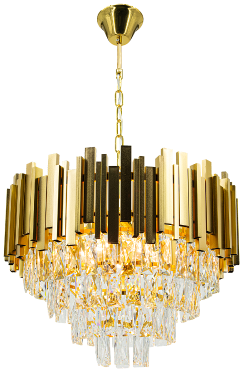 Designerska lampa wisząca VALETTA 5xE27 złota glamour 6268/5 TR z kryształami. Żyrandol o średnicy 51 cm i wysokości 85 cm wykonany z metalu i szkła kryształowego, doskonały nad stół, do jadalni, salonu lub holu.