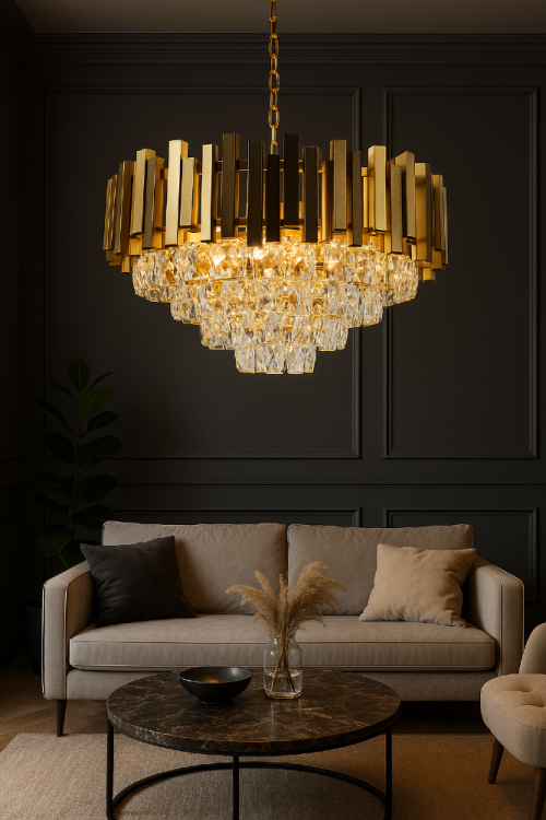 Luksusowa lampa sufitowa VALETTA 5xE27 złoty glamour z błyszczącymi kryształami. Żyrandol o średnicy 51 cm i wysokości całkowitej 85 cm, wykonany z metalu i szkła, z pięcioma gniazdami E27 60W. Wyjątkowa dekoracja salonu, sypialni.