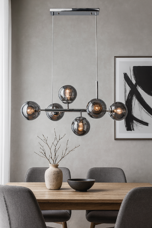 Lampa sufitowa PACO 6xE14 chrom z dymionymi szklanymi kloszami to nowoczesne oświetlenie idealne nad stół lub wyspę kuchenną. Eleganckie wykończenie, regulowana wysokość i sześć źródeł światła tworzą stylowy efekt w salonie i jadalni.