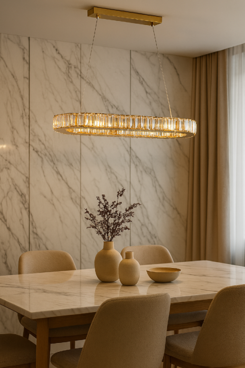 Ekskluzywny żyrandol złoty WINDSOR 8xE14 to idealny wybór do luksusowych wnętrz. Kryształowe elementy i owalna forma nadają wnętrzu blask i elegancję. Doskonały nad stół w jadalni, wyspę kuchenną lub do salonu glamour. 131 kryształów, regulowana wysokość