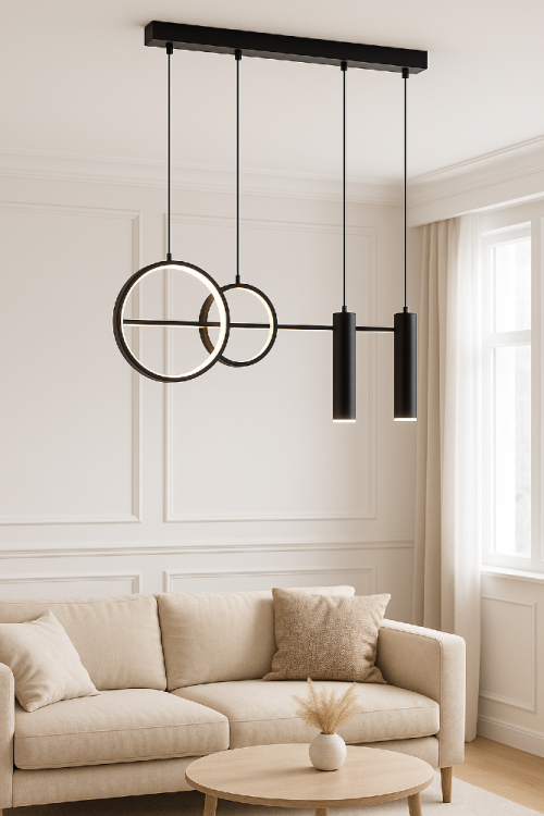 Lampa sufitowa MODERNO 2xE14 + LED 30W czarna zachwyca nowoczesnym designem i elegancją. Dwa ringi LED i dwie czarne tuby tworzą efektowną całość, idealną do salonu, jadalni lub kuchni w stylu modern i loft.