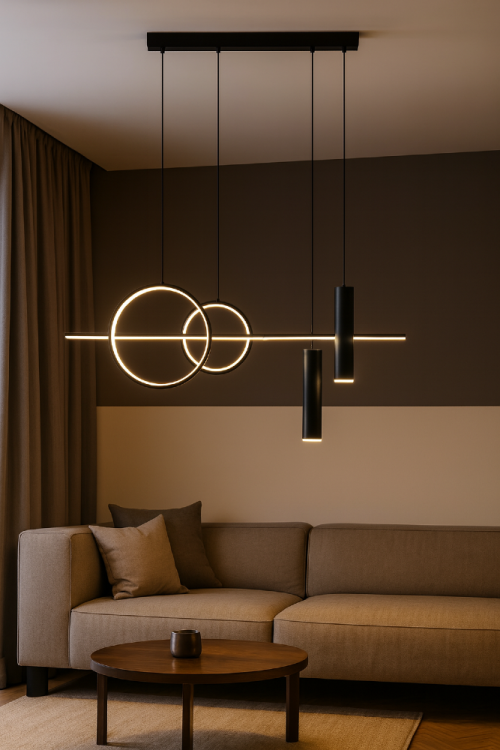 Lampa sufitowa MODERNO 2xE14 + LED 30W czarna zachwyca nowoczesnym designem i elegancją. Dwa ringi LED i dwie czarne tuby tworzą efektowną całość, idealną do salonu, jadalni lub kuchni w stylu modern i loft.