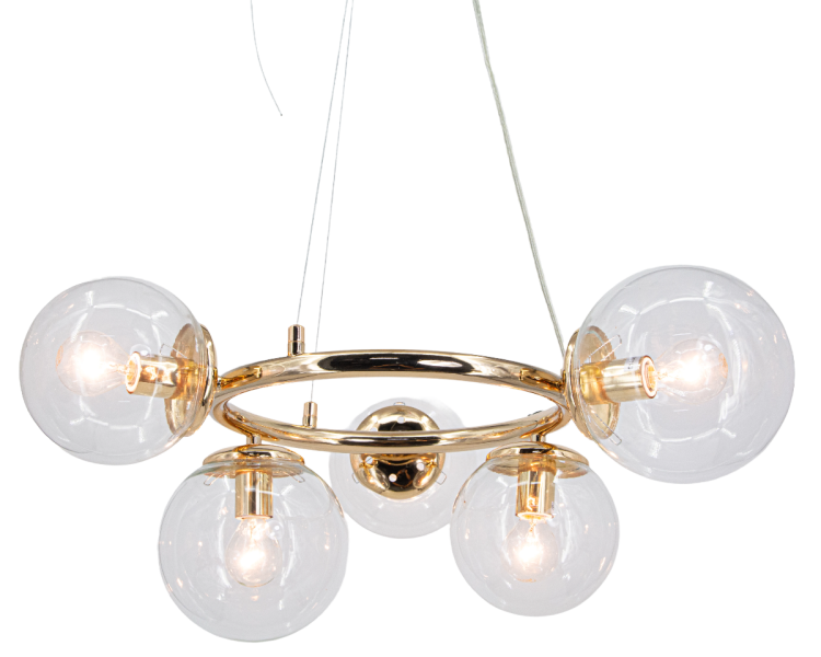 Stylowa lampa sufitowa AMARO 5xE14 od Elem w kolorze złotym z transparentnymi kloszami to eleganckie oświetlenie do salonu, jadalni lub sypialni. Wykonana z metalu i szkła, oferuje regulowaną wysokość i nowoczesny design