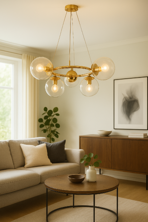 Stylowa lampa sufitowa AMARO 5xE14 od Elem w kolorze złotym z transparentnymi kloszami to eleganckie oświetlenie do salonu, jadalni lub sypialni. Wykonana z metalu i szkła, oferuje regulowaną wysokość i nowoczesny design