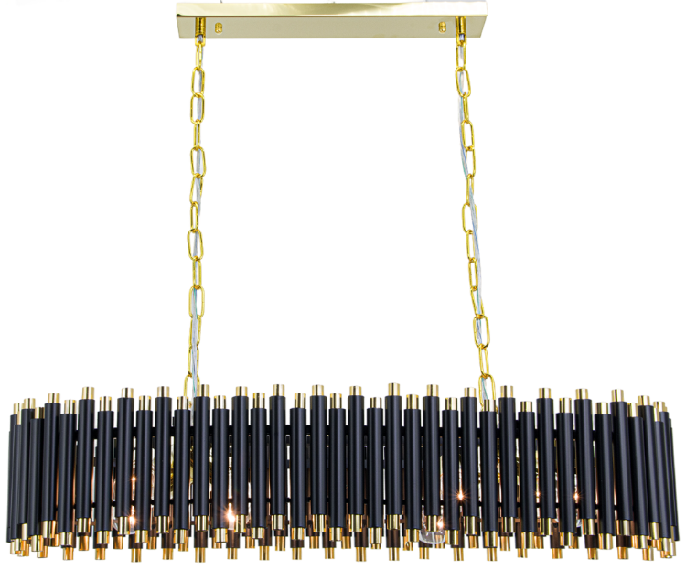 Designerska lampa NARNI 8xE14 (80×30 cm, wys. 18–70 cm) to efektowna propozycja nad stół. Czarne tuby i złote wykończenia podkreślają styl glamour. Osiem źródeł światła zapewnia idealne oświetlenie jadalni.